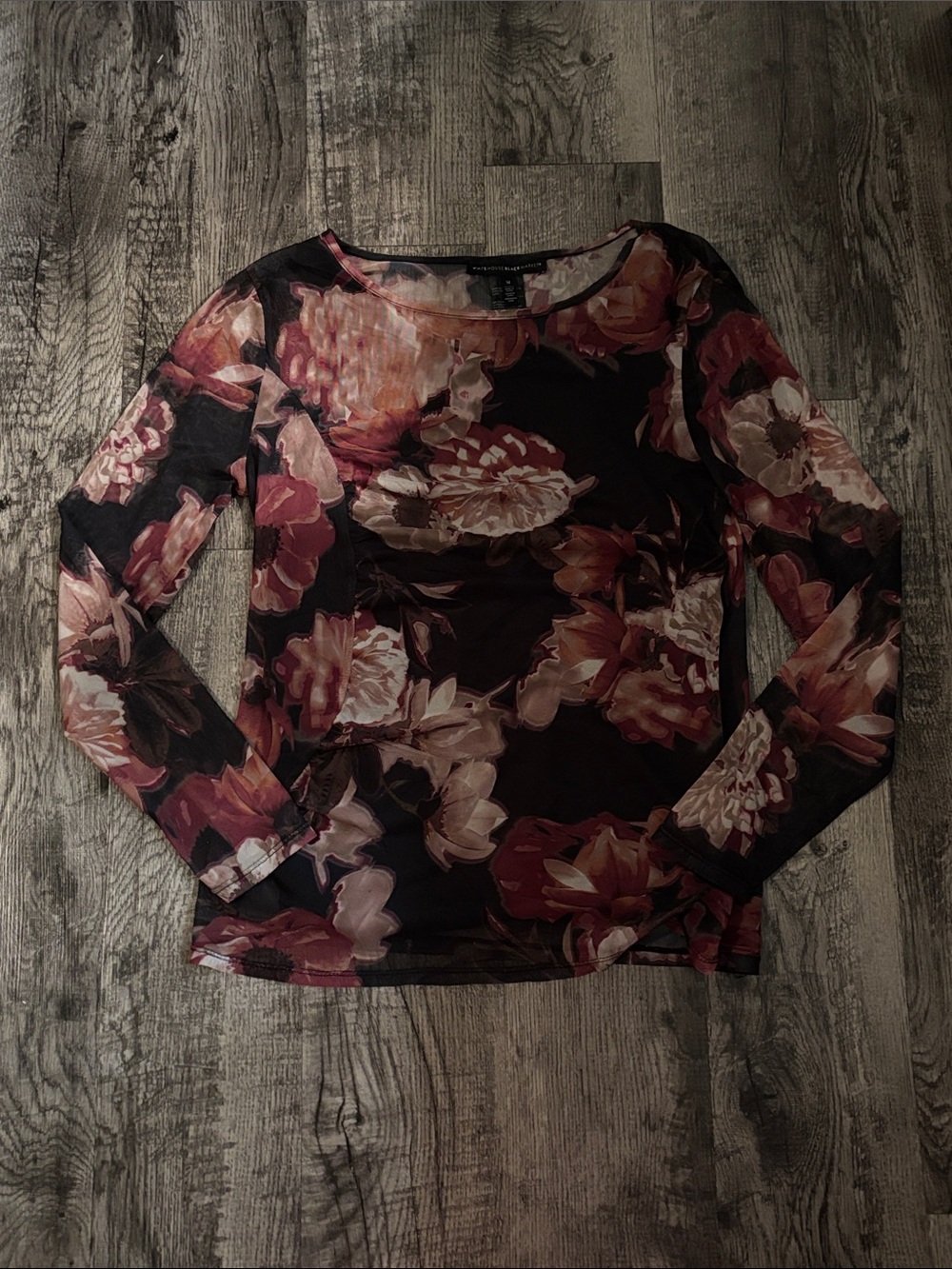 White House Black Market Long-Sleeve Mesh Top - Black with Florals -Size Medium